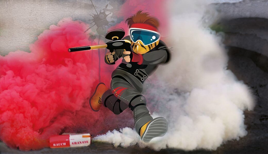 Comicfigur mit Paintballwaffe und rot-weisem Rauch
